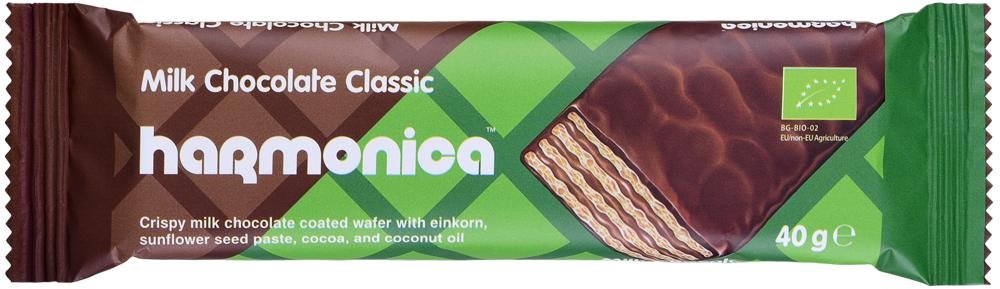 HARMONICA WAFELEK Z KREMEM MLECZNO KAKAOWYM W POLEWIE Z MLECZNEJ CZEKOLADY BIO 40 g
