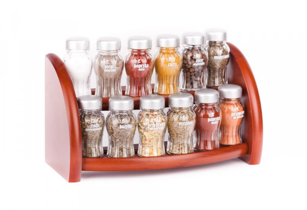 Gald PÓŁKA DREWNIANA W KOLORZE BRĄZOWYM Z 12 PRZYPRAWAMI NAKRĘTKI MAT POLSKI PRODUKT NK 031 EAN 5904006098311 NK 031 EAN 5904006098311