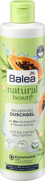 Balea, Natural, żel pod prysznic z olejem z nasion konopi i ekstraktem z papai, 250 ml