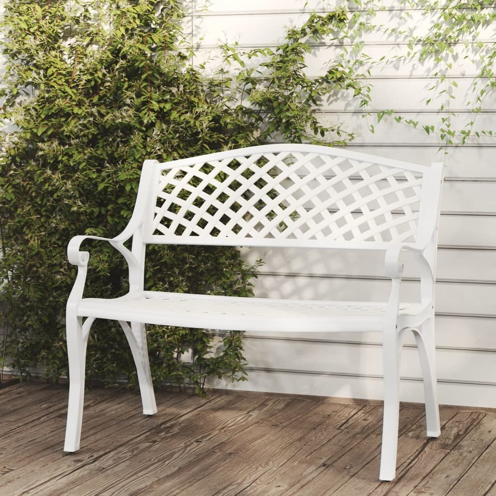 vidaXL Ławka ogrodowa, 102 cm, odlew aluminium, biała 317746
