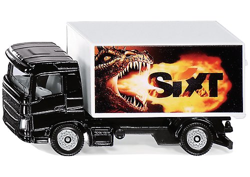 Siku 1107, Ciężarówka ze skrzynią ładunkową Sixt, Zabawkowa ciężarówka, Metal/tworzywo sztuczne, Czarny/biały, Otwierana tylna klapa, Motyw smoka 1107