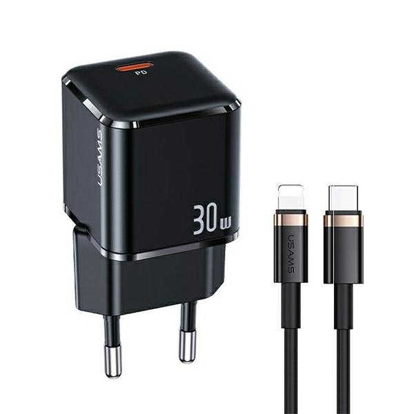 USAMS Ład. siec. USB-C T45 30W PD3.0 +QC3.0 Fast Charging +kabel U63 USB-C/Lightning czarny/black UXTZH01 (USAMS-UX)