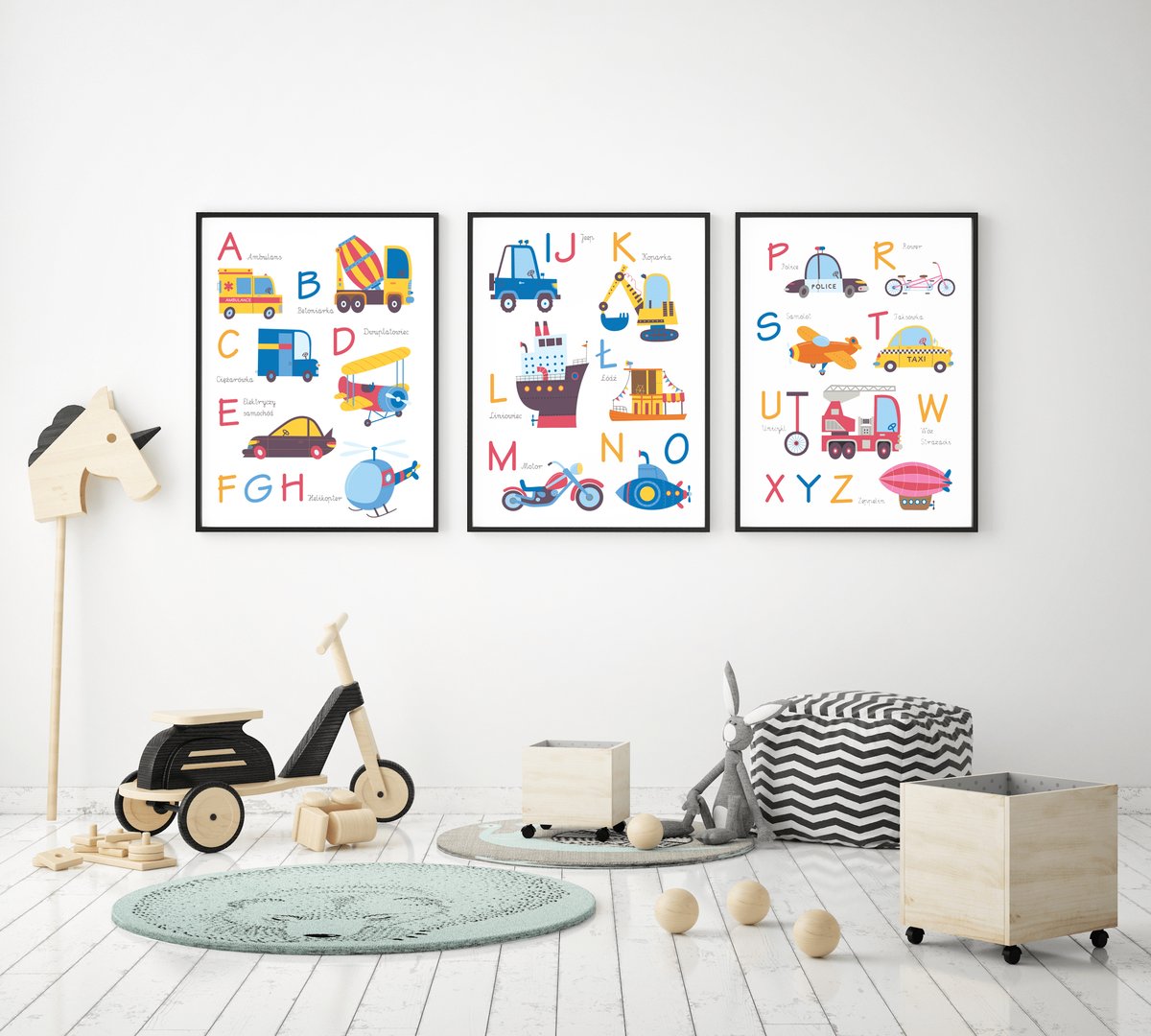 Plakaty Edukacyjne, Polski Alfabet, Autka, Pojazdy Blue format A3