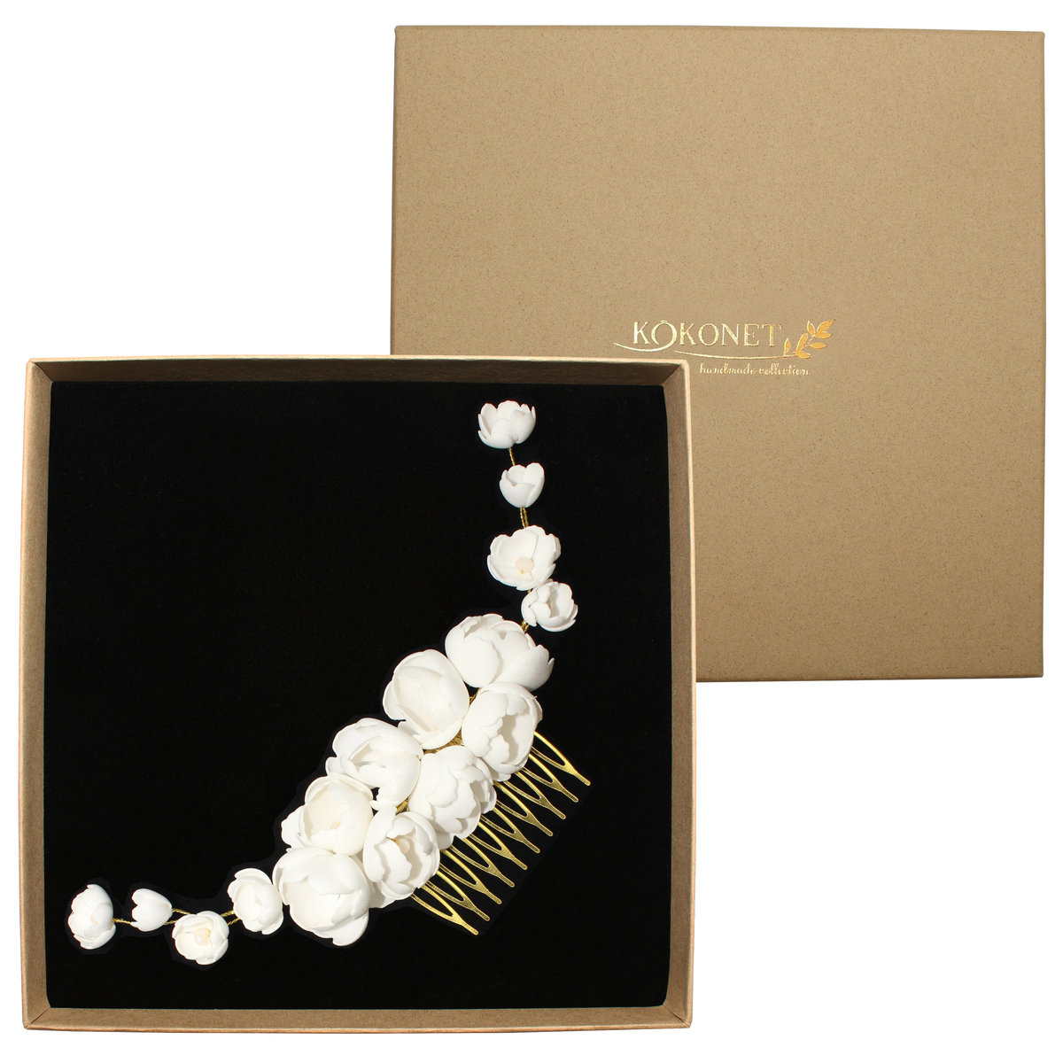 Grzebyk pozłacany ślubny z kwiatkami listkami ozdoba ślub Handmade Collection