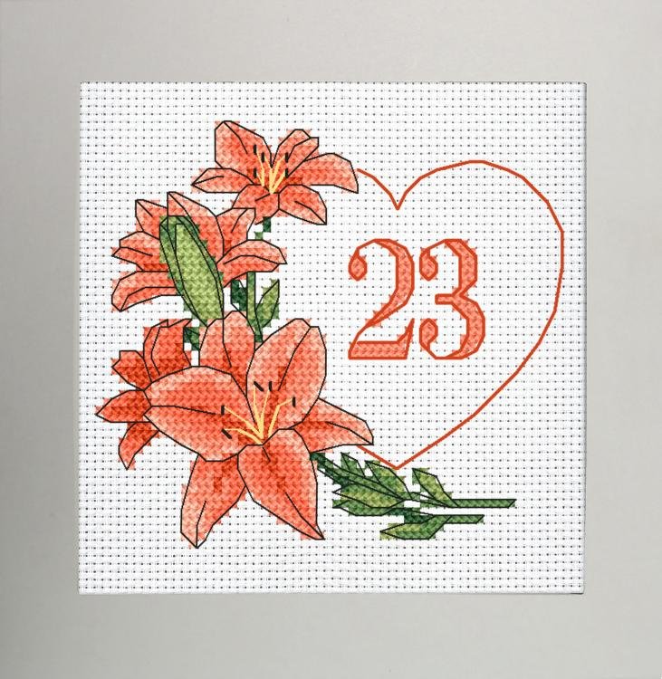 Haft krzyżykowy - Zestaw do haftu - Kartka urodzinowa - Serce z liliami