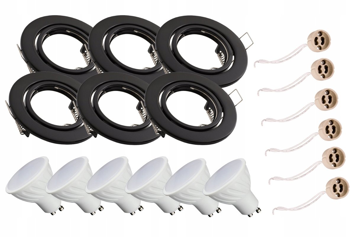 6x Zestaw oprawa okrągła czarna + GU10 6W ciepła + gniazdo przyłączeniowe GU10