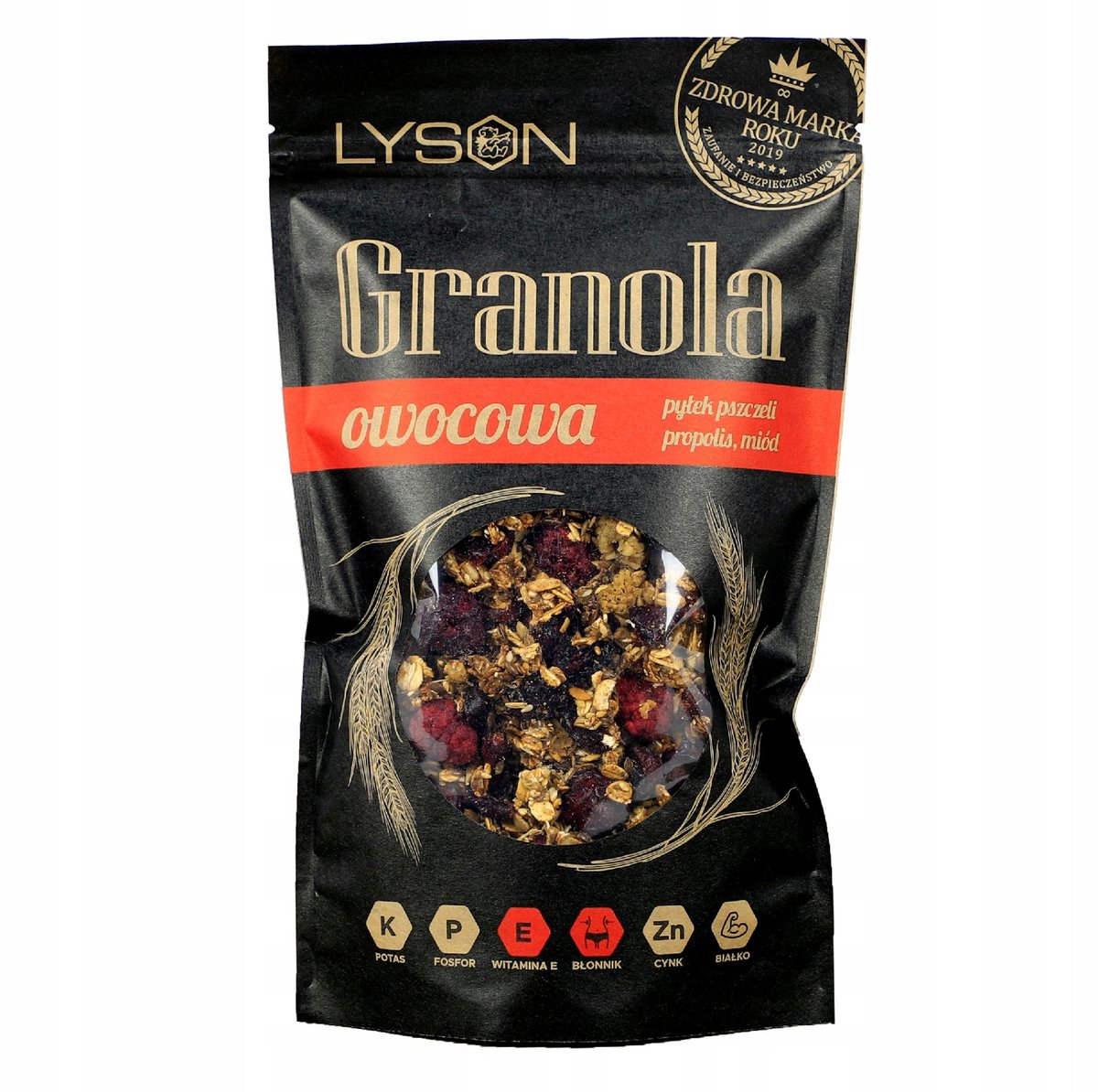 ŁYSOŃ granola owocowa z miodem i pyłkiem pszczelim, 300g