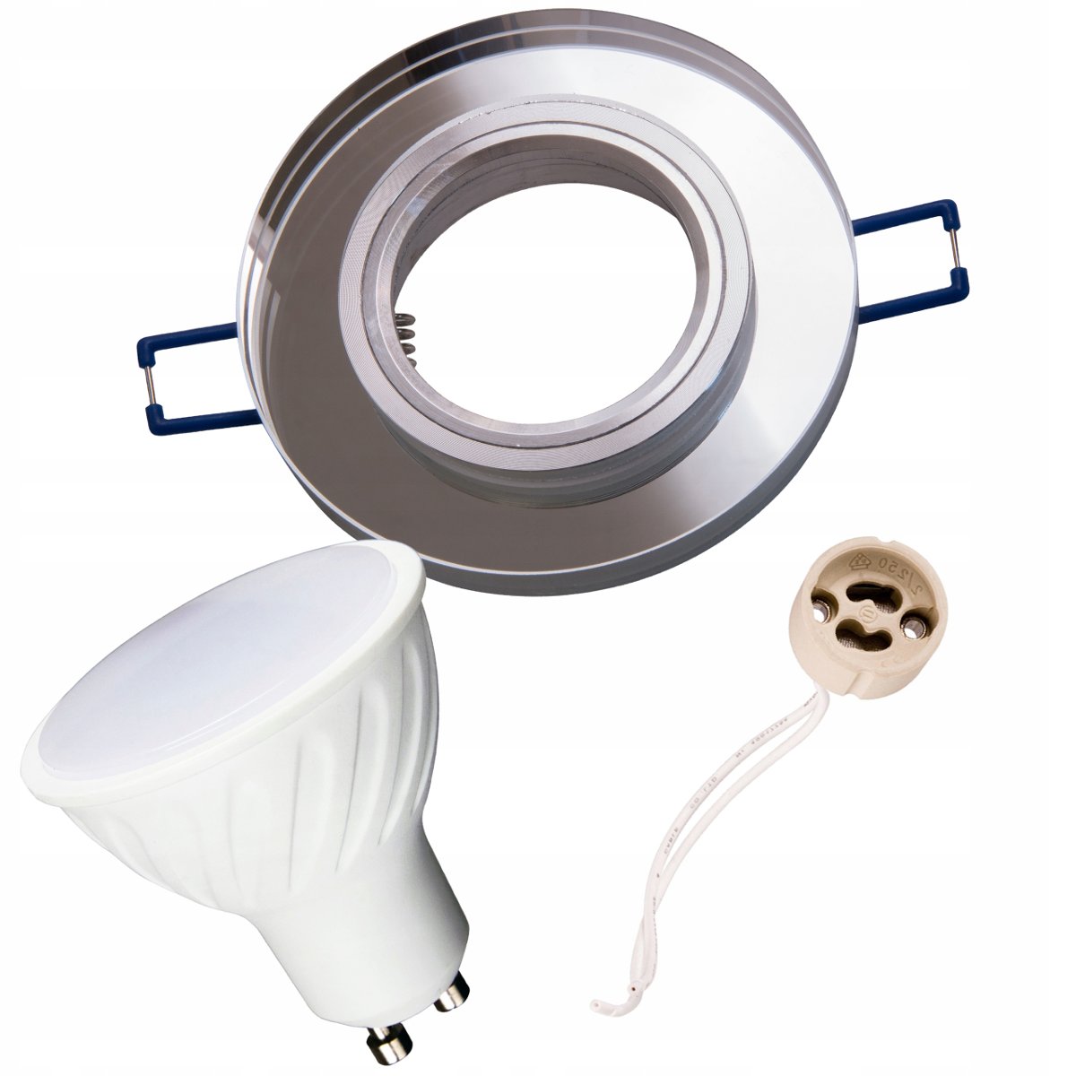 Zestaw oprawa okrągła szklana lustrzana + GU10 5W ciepła + gniazdo przyłączeniowe GU10