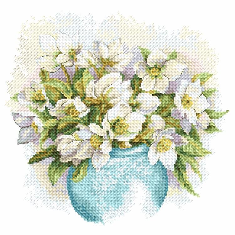 Haft krzyżykowy, Zestaw do haftu, Białe ciemierniki