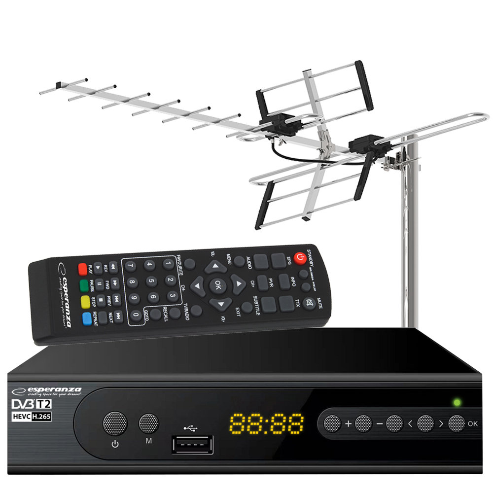 Tuner cyfrowy Esperanza EV106 DVB-T/T2 H.265/HEVC + antena kierunkowa VHF/UHF MUX8 ATD31S