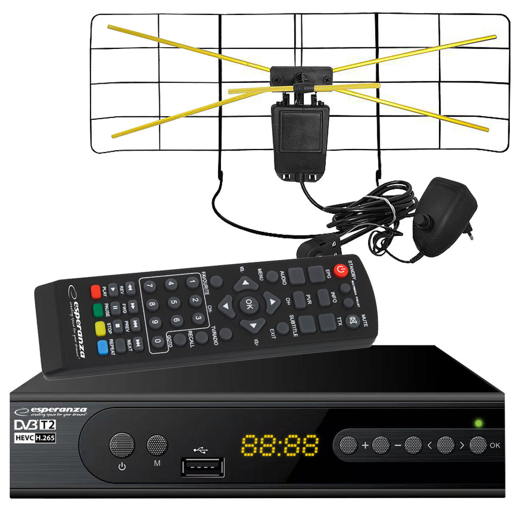 Tuner cyfrowy Esperanza EV106 DVB-T/T2 H.265/HEVC + antena pokojowa