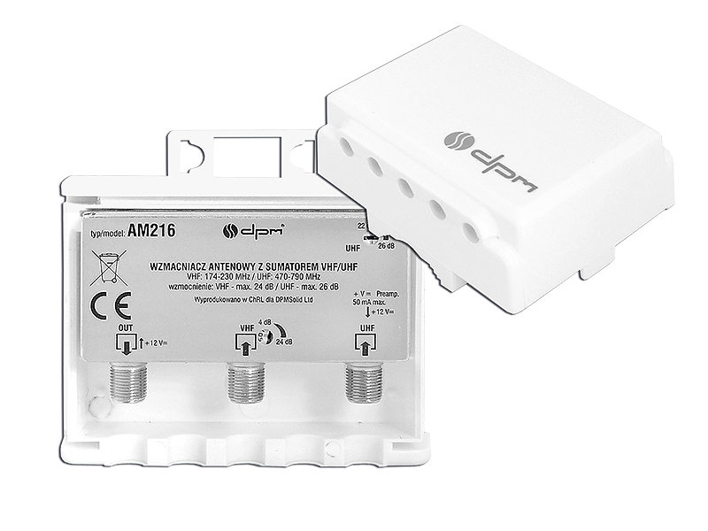 Wzmacniacz antenowy 12V z sumatorem VHF+UHF, regulacja wzmocnienia ,VHF max.30dB, UHF max.36dB.