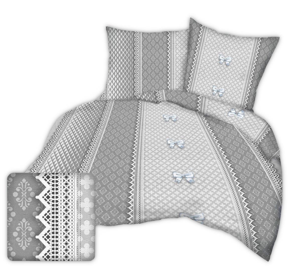 Pościel z kory 160x200 wzór szara koronka z kokardami