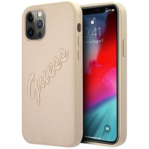 Guess Saffiano Vintage Script etui na iPhone 12 PRO MAX złote GUE001228