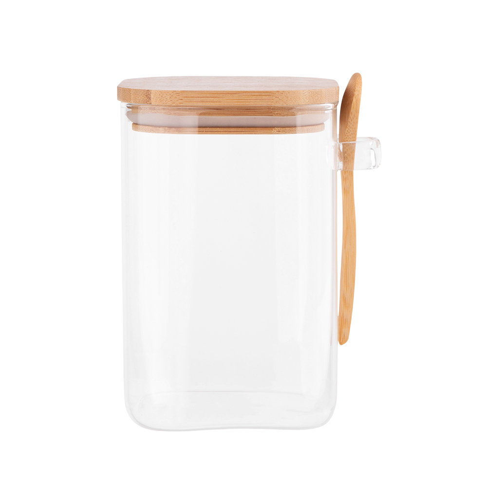Lumarko Pojemnik Kwadratowy Borosilikat 1000ML Z Bambusową Pokrywką I Łyżeczką