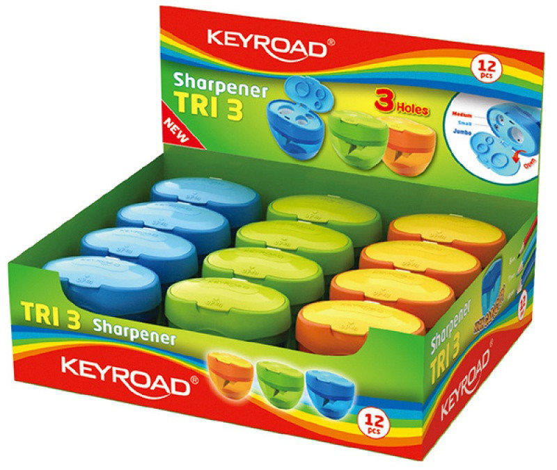 KEYROAD Temperówka KEYROAD Tri 3, plastikowa, potrójna, z pojemnikiem, display, mix kolorów KR971431