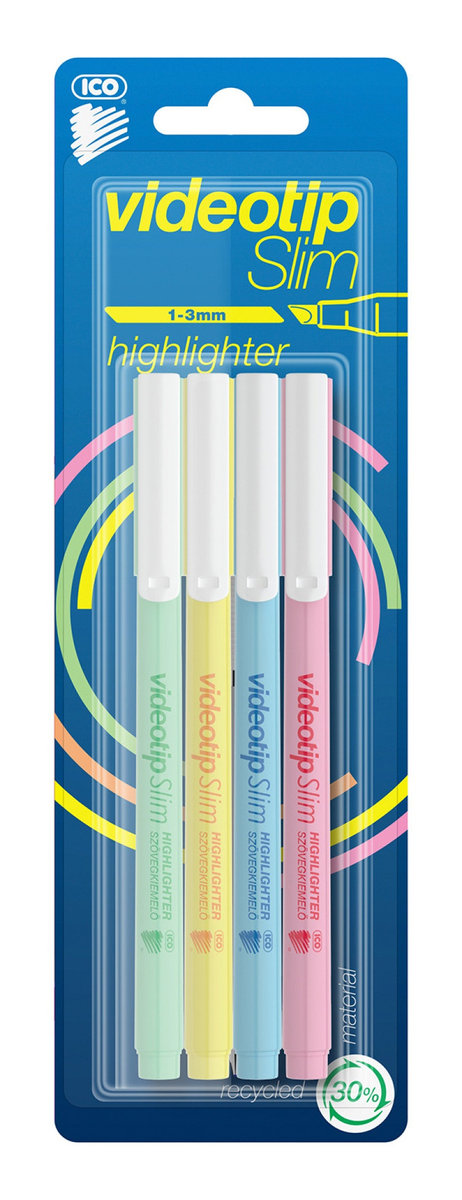 zakreślacz ico videotip slim c, fluo, 4 szt., blister, mix kolorów pastel