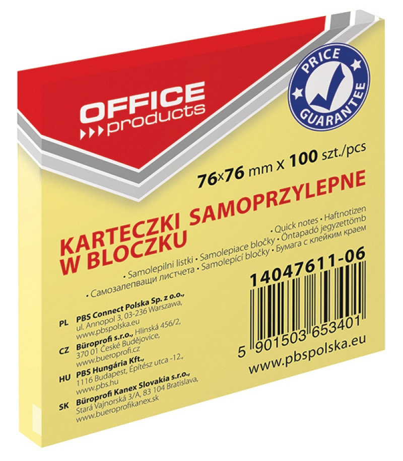 Office products BLOCZEK SAMOP. 76x76mm 1x100k PASTEL J.ŻÓŁTY O-PR