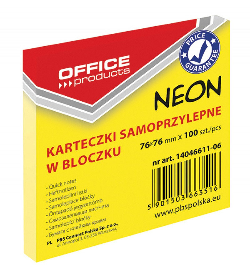 Office products Karteczki samop. 76x76 neon żółty