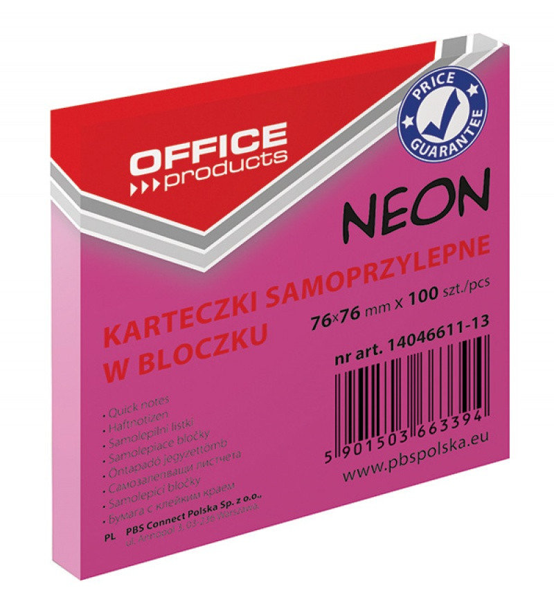 Office products Karteczki samop. 76x76 neon różowy
