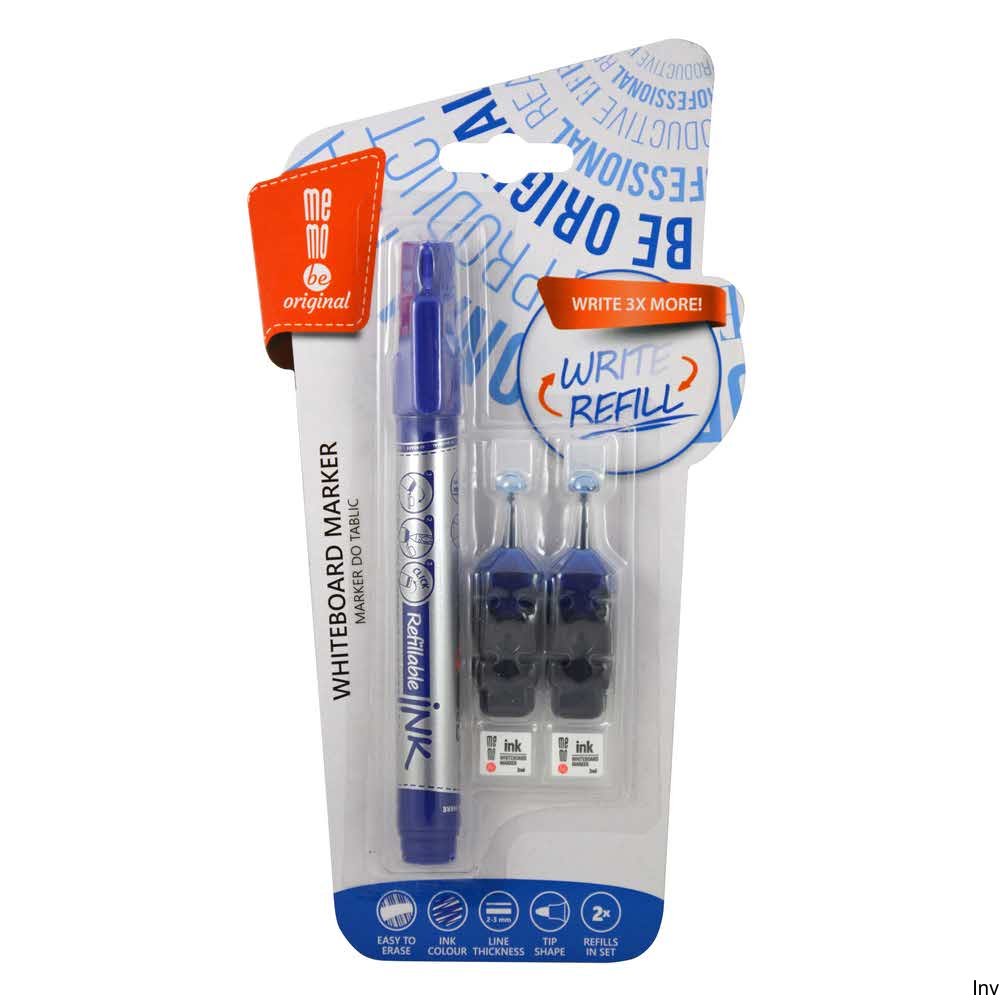 MemoBe Marker do tablic suchościeralnych + 2 ampułki z zapasowym tuszem niebieski