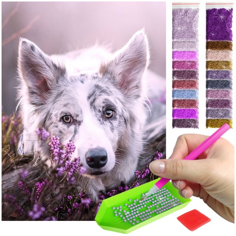 Haft Diamentowy ARTULIO, Obraz DIY 5D, Diamond Painting, Mozaika diamentowa 30x40cm (Portret psa w fioletach) + zestaw akcesoriów