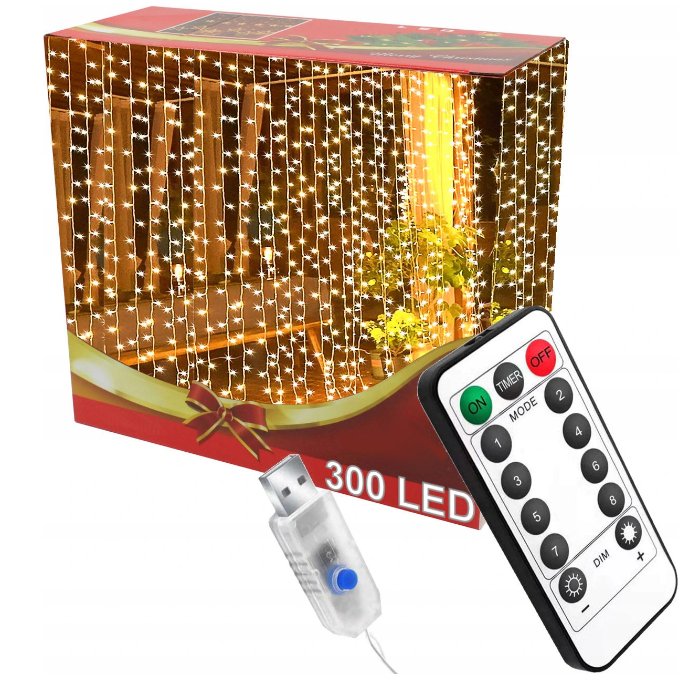 Kurtyna Świetlana 300 Led 3X3M Kolor Ciepły Pilot