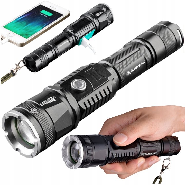 Blashorn Latarka Taktyczna Wodoodporna Led Cree Xml-T6 Z Zoom Z Funkcją Powerbanka