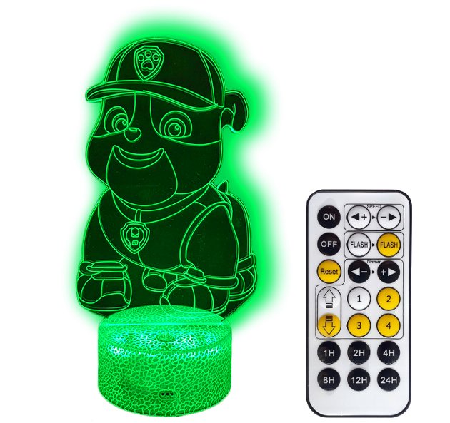 Psi Patrol Rubble Lampka Nocna 3D Led Rgb Kolor Kabel Usb + Pilot