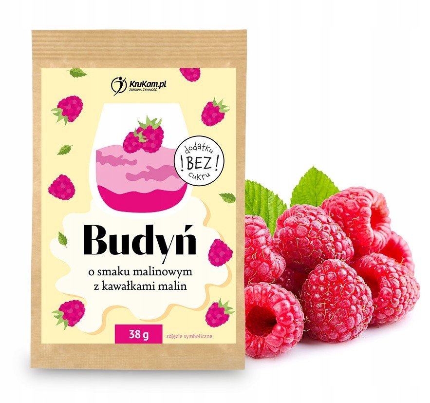 KruKam Budyń o smaku malinowy z kawałkami malin 38g bez dodatku cukru
