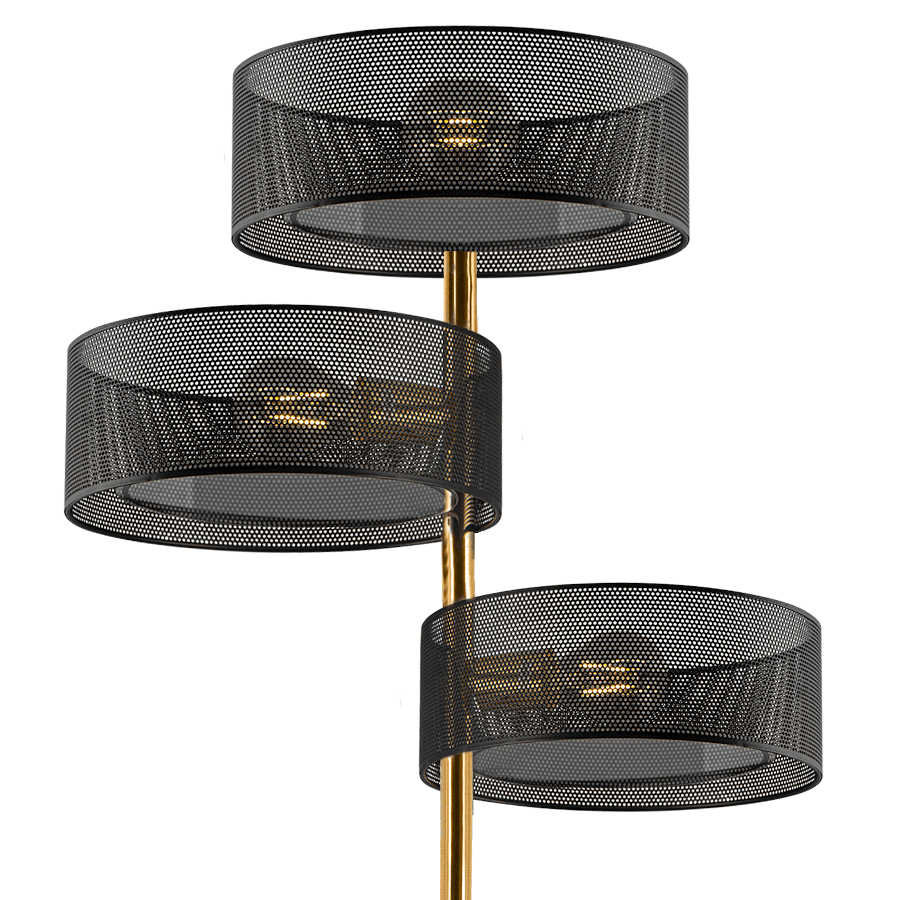 Mdeco Ażurowa LAMPA podłogowa DRS8006/3F TR NET MDECO ażurowa stojąca do salonu złota czarna DRS8006/3F TR NET