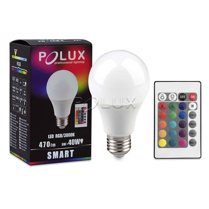 Polux Żarówka LED SMART A60 E27 SMDWW RGB 6W 470lm +Pilot 306838