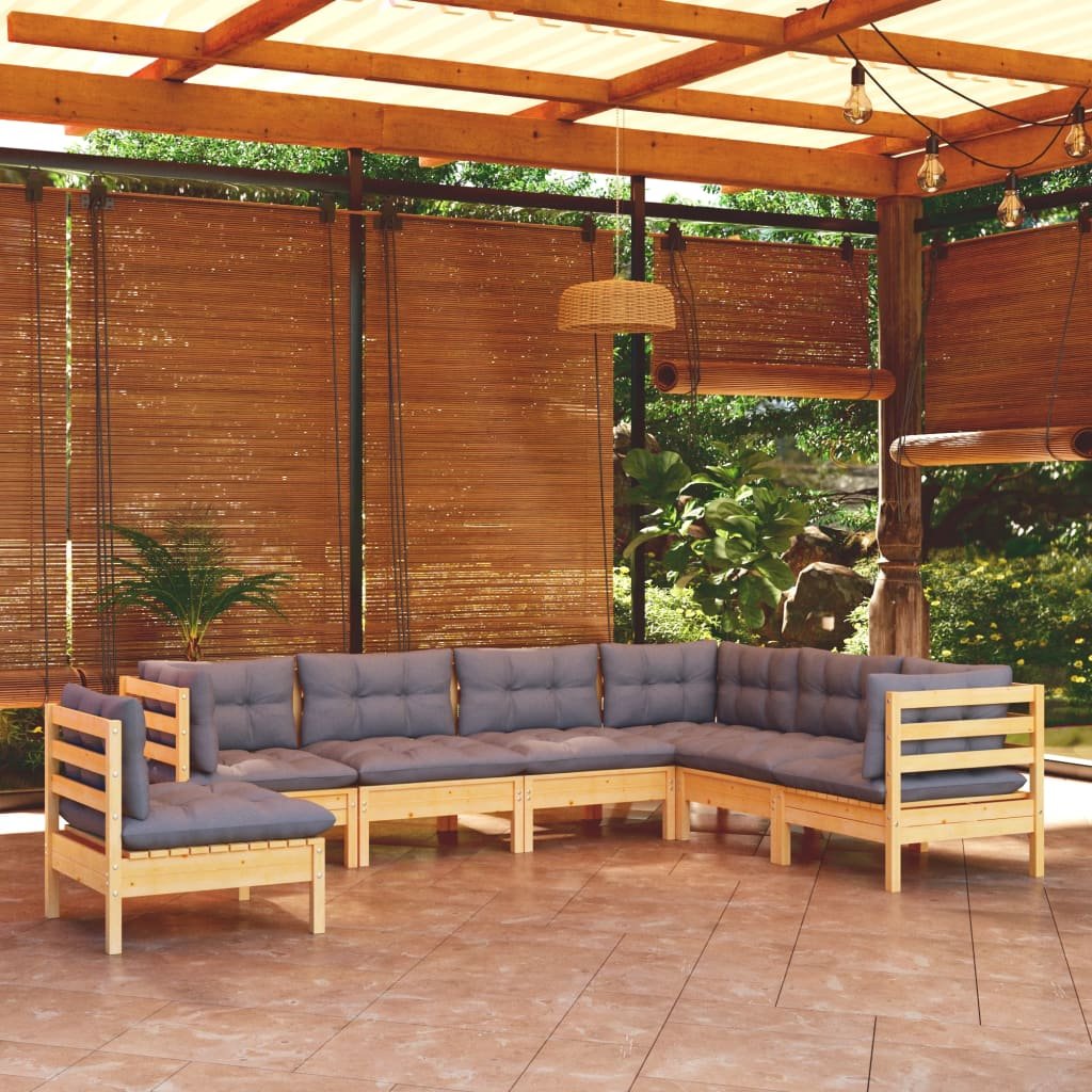 7-cz. zestaw wypoczynkowy do ogrodu, szare poduszki, sosnowy