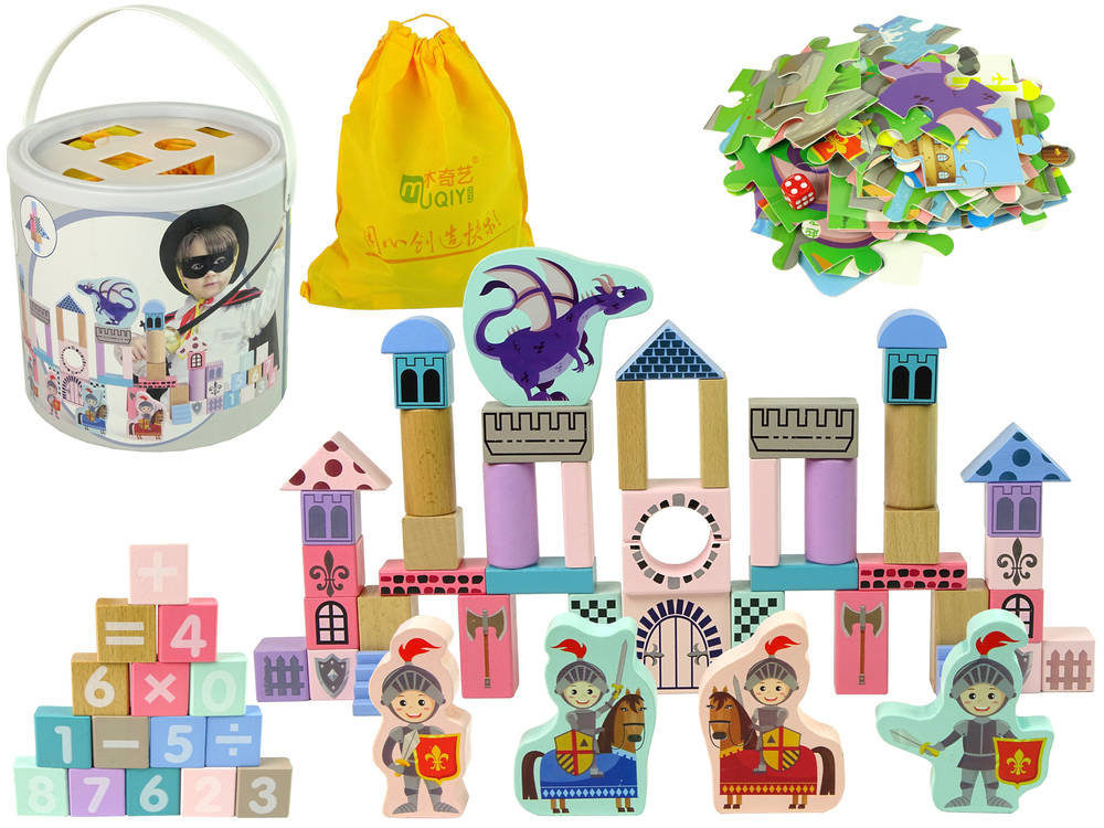Import LEANToys Drewniane Klocki Zamek Rycerz Smok 66 Elementów Gra Puzzle LT-10130-0