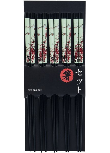 Emro Aziatica Zestaw drewnianych pałeczek z motywem czerwonych kwiatów 22,5cm - 5 par 6006223
