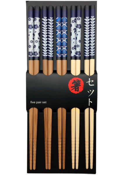 Emro Aziatica Zestaw drewnianych pałeczek z niebieskimi wzorami 22,5cm - 5 par 6006214