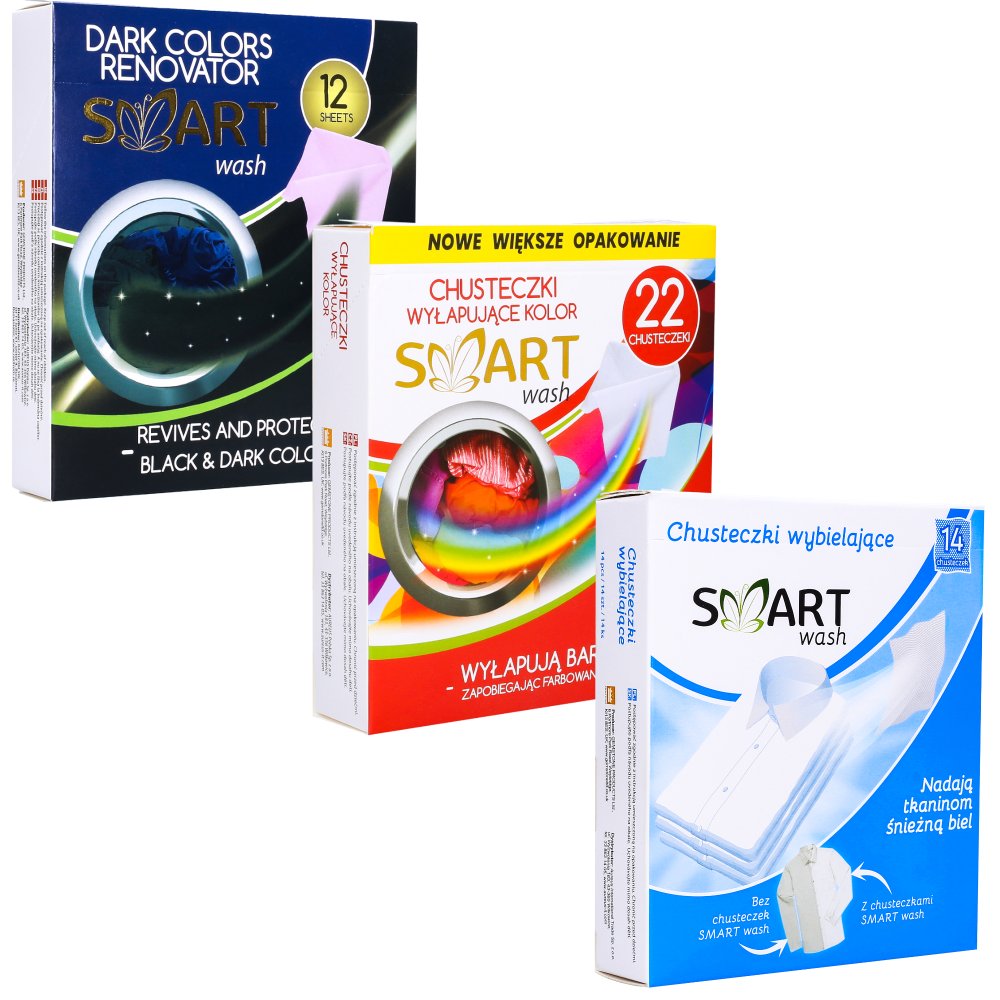 Smart Wash, Chusteczki do prania: 1x Wyłapujące kolor, 1x, Wybielające do białego prania, 1x Renowator koloru do czarnego prania