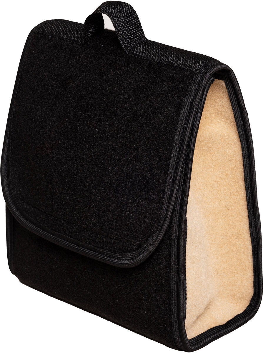 Kuferek samochodowych organizer torba bagażnika - MAX-DYWANIK (pionowy) – Czarny ( z beżowymi boczkami - taśma czarna)