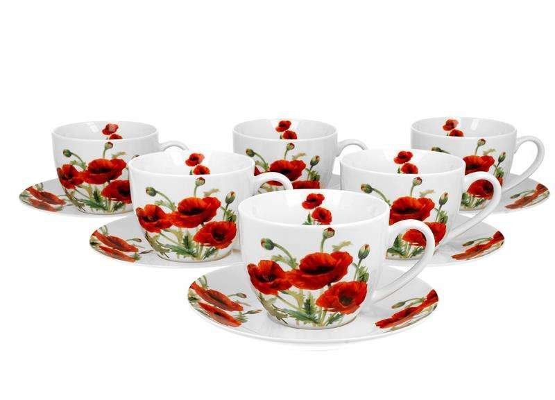 Filiżanki do  kawy i herbaty porcelanowe ze spodkami DUO CLASSIC POPPIES 280 ml 6 szt