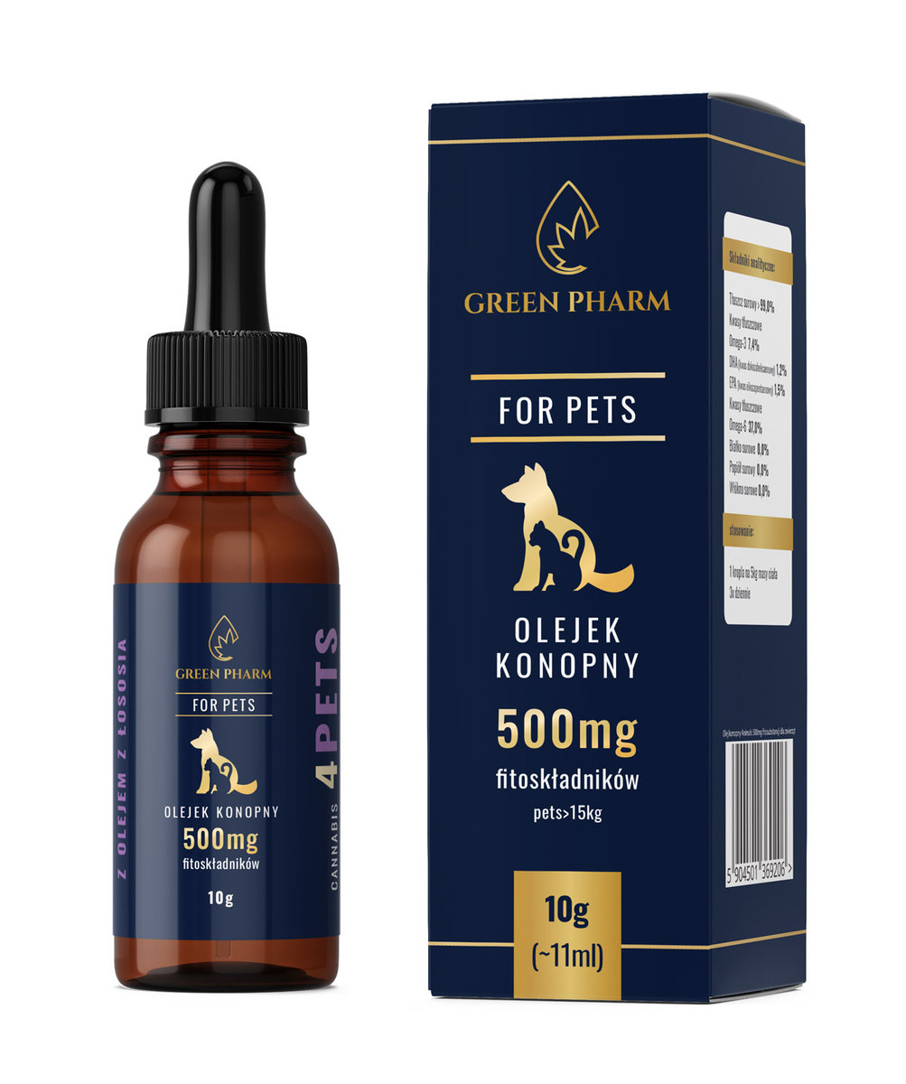 Green Pharm CERTYFIKOWANY Olejek konopny 5% CBD 500mg Animals 10ml Dla psów i kotów z olejem z łososia