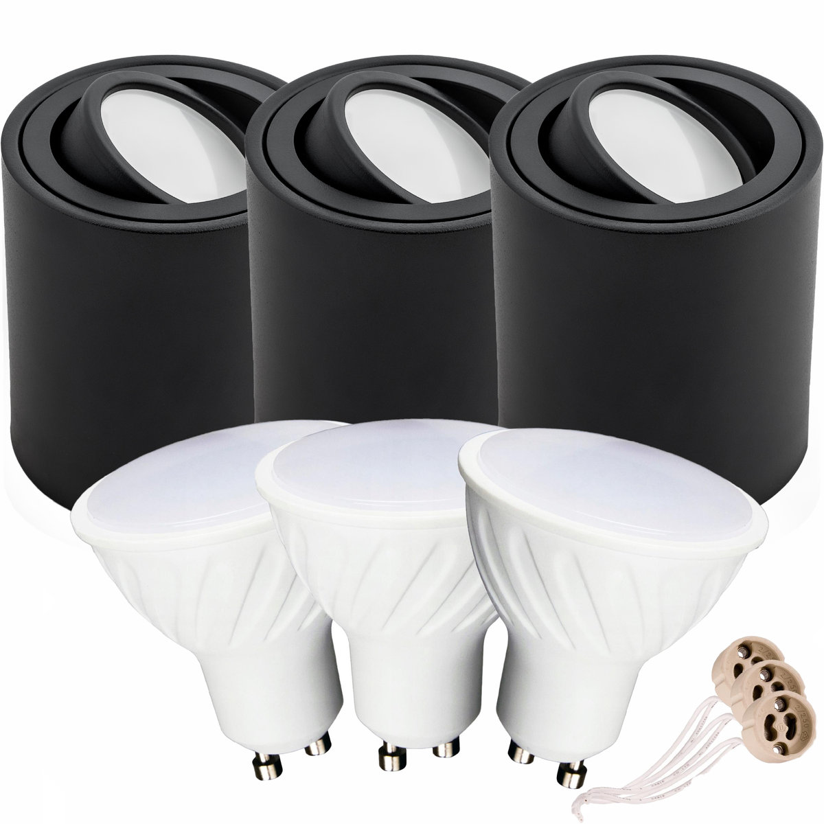 3X Tuba Spot Natynkowa Ruchoma Czarna + Gu10 9W Neutralne