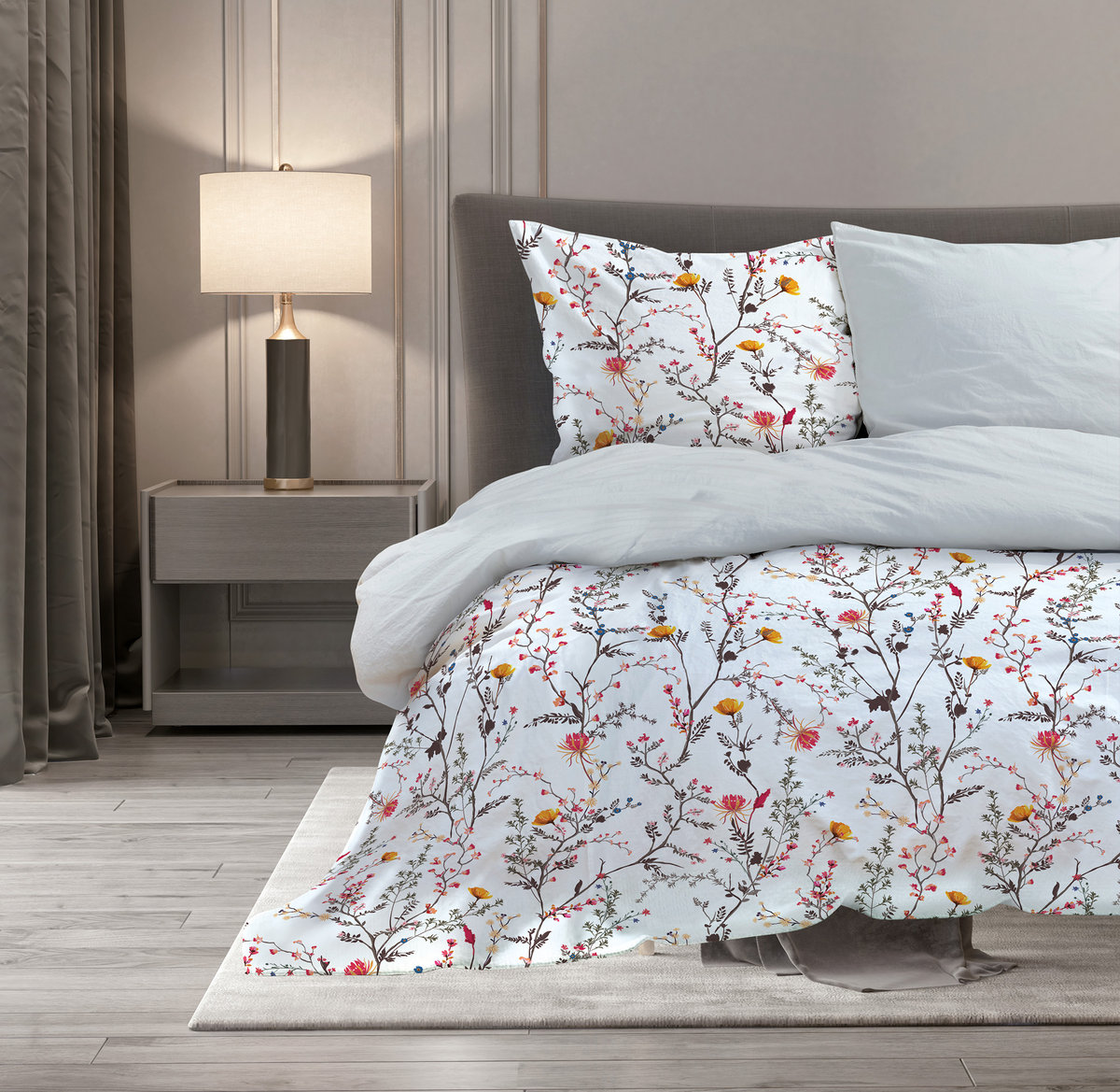 Pościel bawełniana 220x200 017-B biała kwiaty Elegant