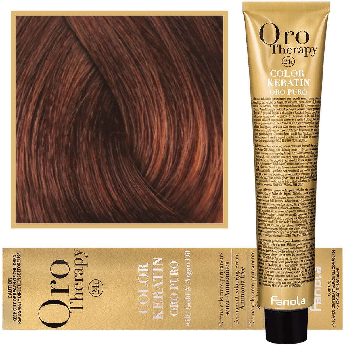 Fanola Tinte Oro Therapy 24 K Keratin Color 6.34 rubio Oscuro Dorado cobrizo 100 ML Crema colorante stałe para el cabello Sin amon iaco | enriq uecido con Keratina, aceite de argán, Oro Puro MICROA c 8032947861736