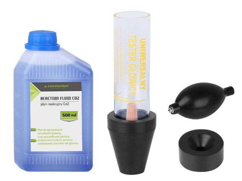Tester szczelności uszczelki głowicy CO2 + płyn reakcyjny 500ml + pompka do zasysania gazu z układu chłodzenia + tuba do pomiaru