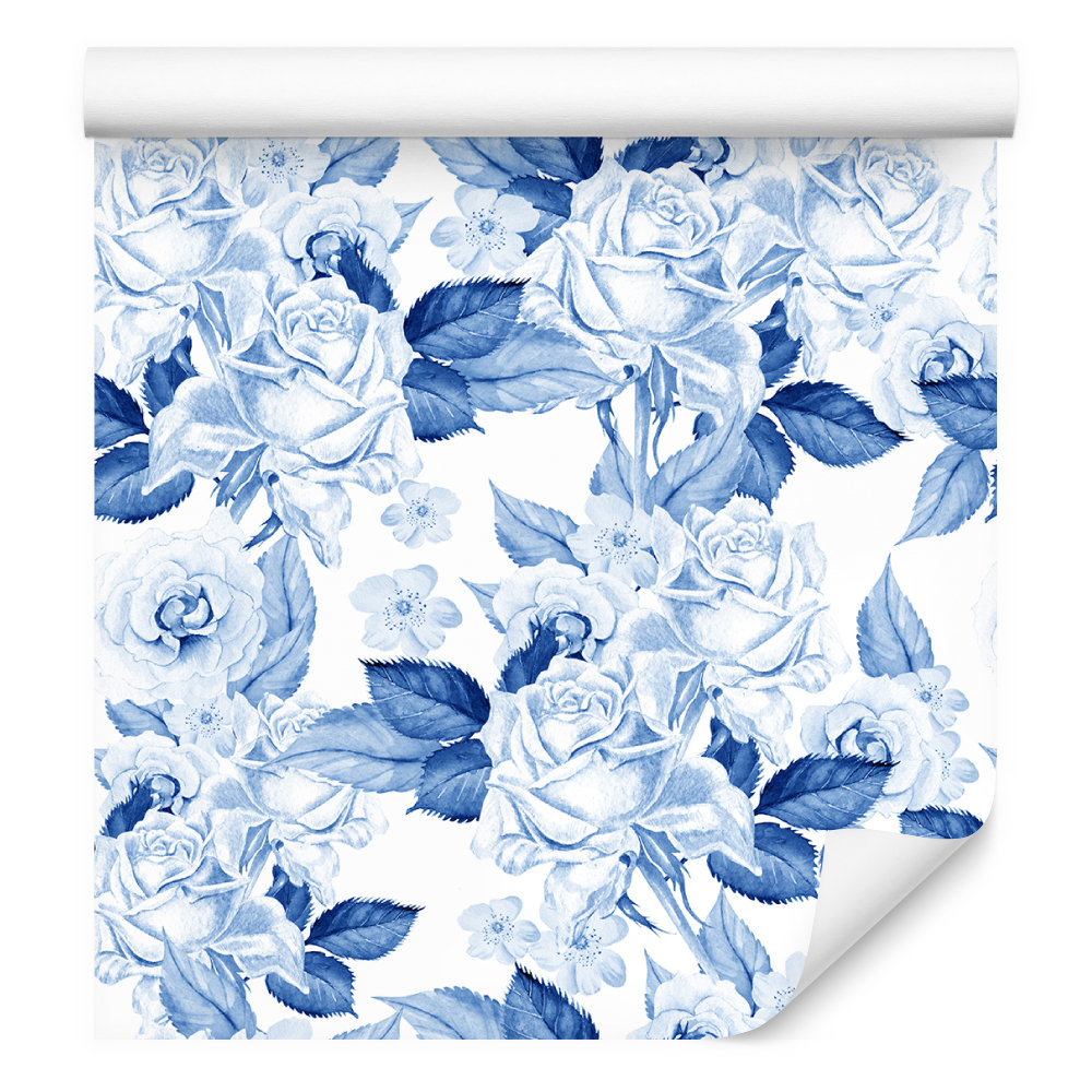 Tapeta Flizelinowa Niebieskie RÓŻE Kwiaty Liście 0,53m x 10m