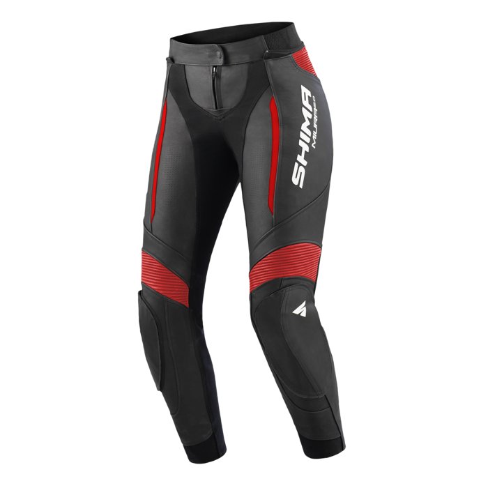 SHIMA Miura 2.0 spodnie motocyklowe - skóra, damskie, spodnie sportowe z ochraniaczami bioder i kolana, perforowana skóra, elastyczne panele, do 2-częściowego garnituru (42, czarny/czerwony)