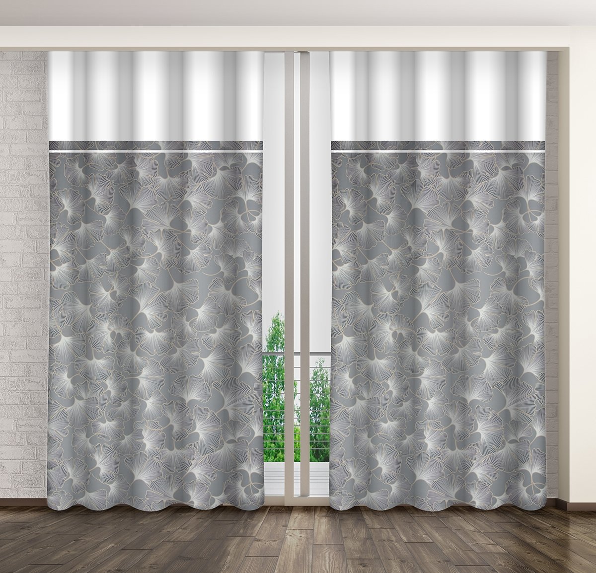 Zasłona gotowa na żabki, 140x270, szara w liście, ZMHB-13