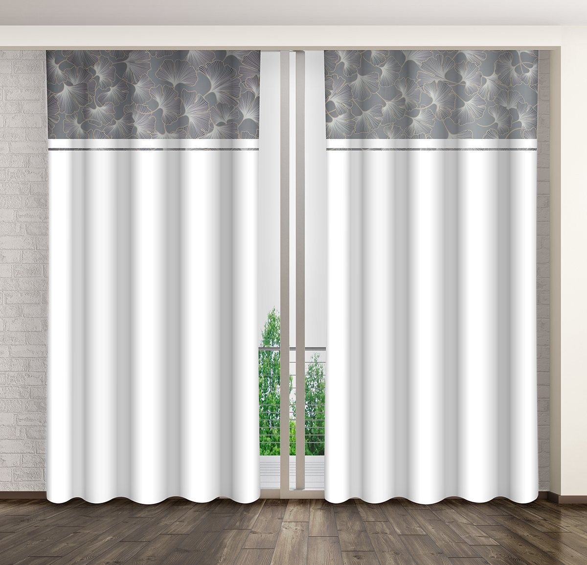 Zasłona gotowa na żabki, 140x250, biała w liście, ZMHB-14