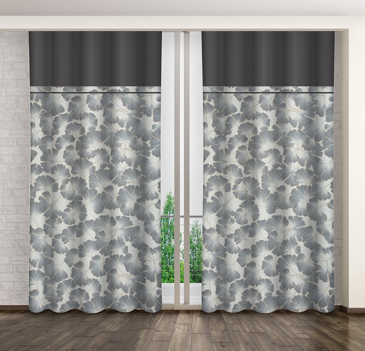 Zasłona gotowa na żabki, 140x270, szara w liście, ZMHB-19