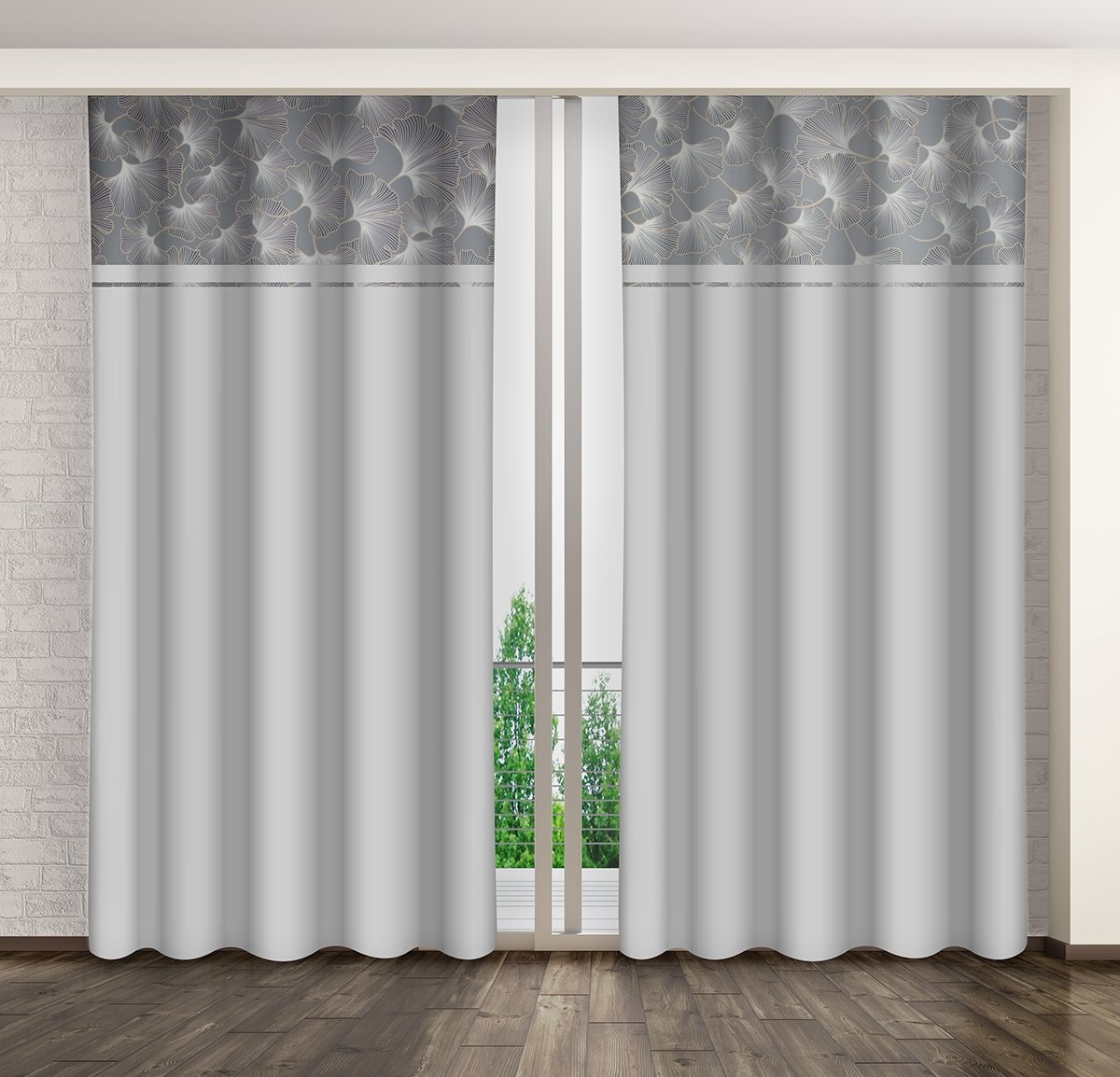 Zasłona gotowa na żabki, 140x270, szara w liście, ZMHB-06